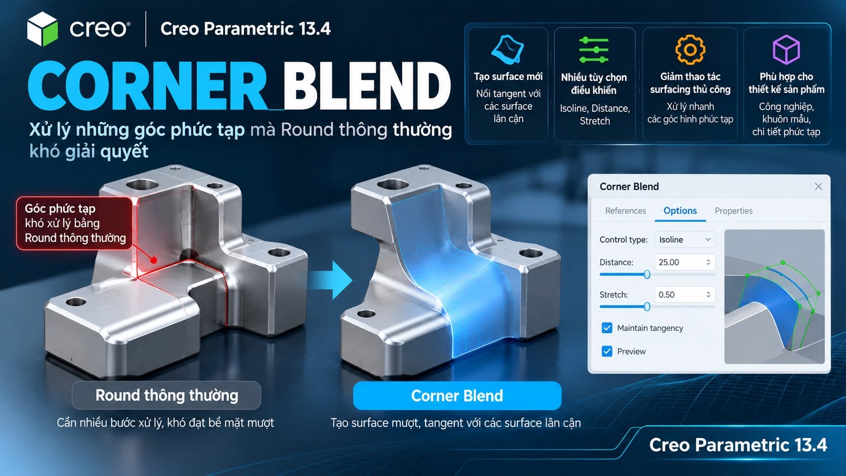 Creo Parametric 13.4: Corner Blend – Xử Lý Góc Phức Tạp Mượt Hơn
